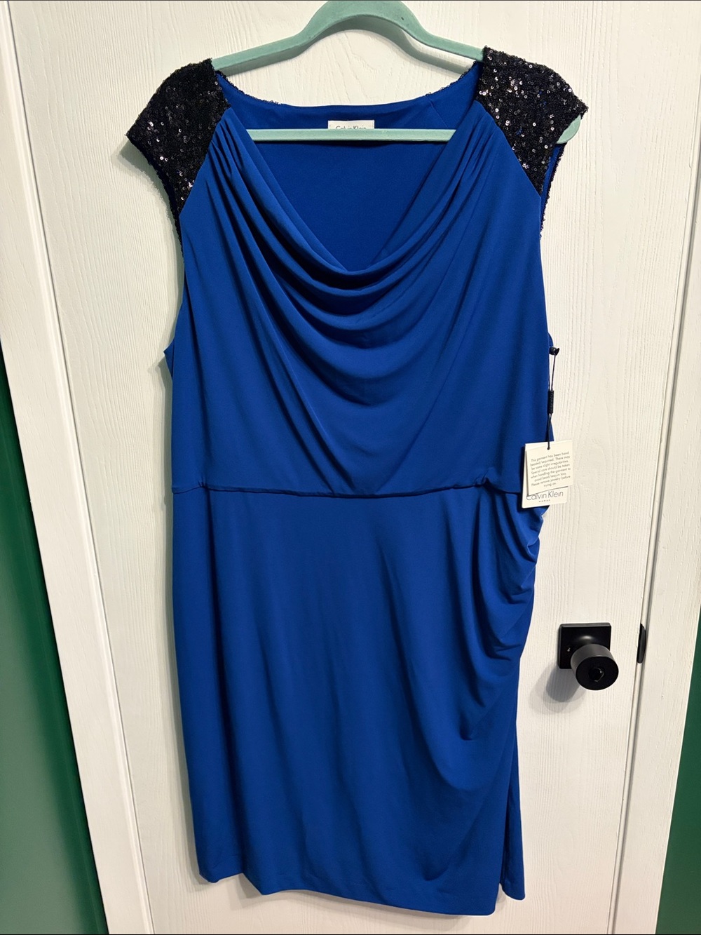 NWT Calvin Klein Cobalt Blue Draped Cowl Dress with Sequin Cap Sleeves size 18W